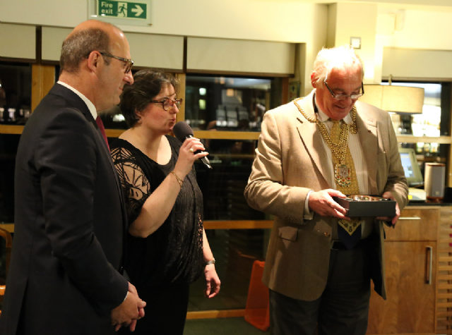 Exchange of gifts between Marc Angenault and Jim Leishman, Provost of Fife with the aid of Anne-Sylvie who translated Exchange of gifts between Marc Angenault and Jim Leishman, Provost of Fife with the aid of Anne-Sylvie who translated